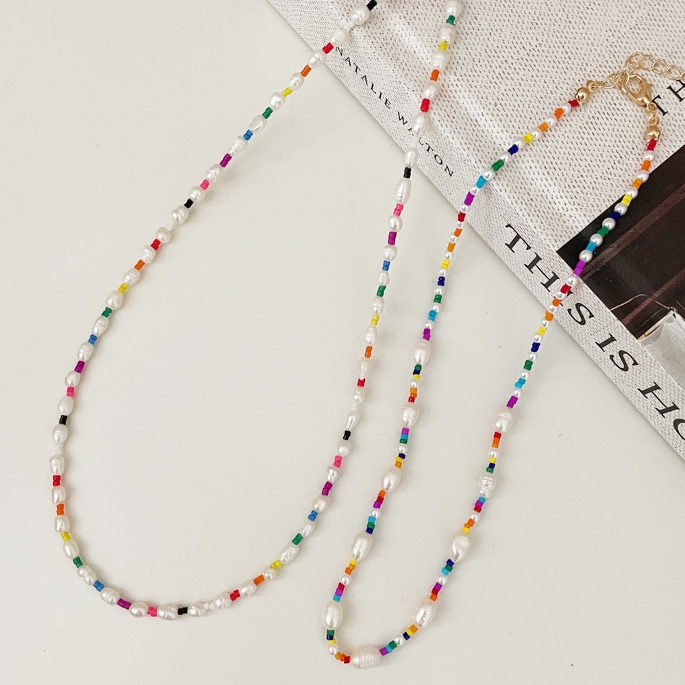 Pearl Necklace with Rainbow Multicolor Beads, Freshwater Pearl Beaded Necklace